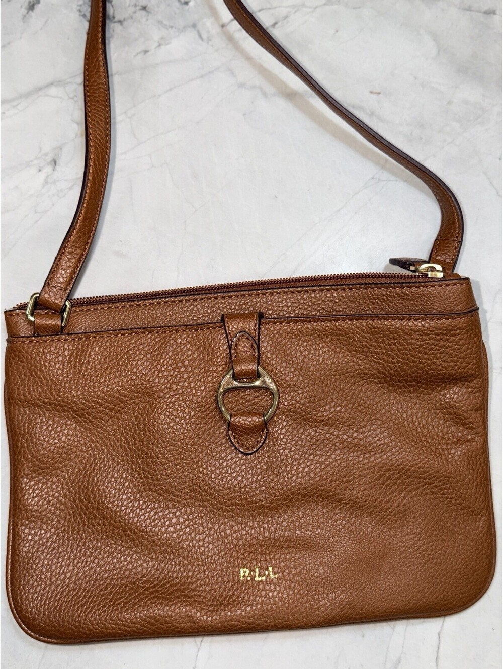 Lauren Ralph Lauren Brown Pebbled Leather Crossbody Bag Gold Ring RLL Adjustable